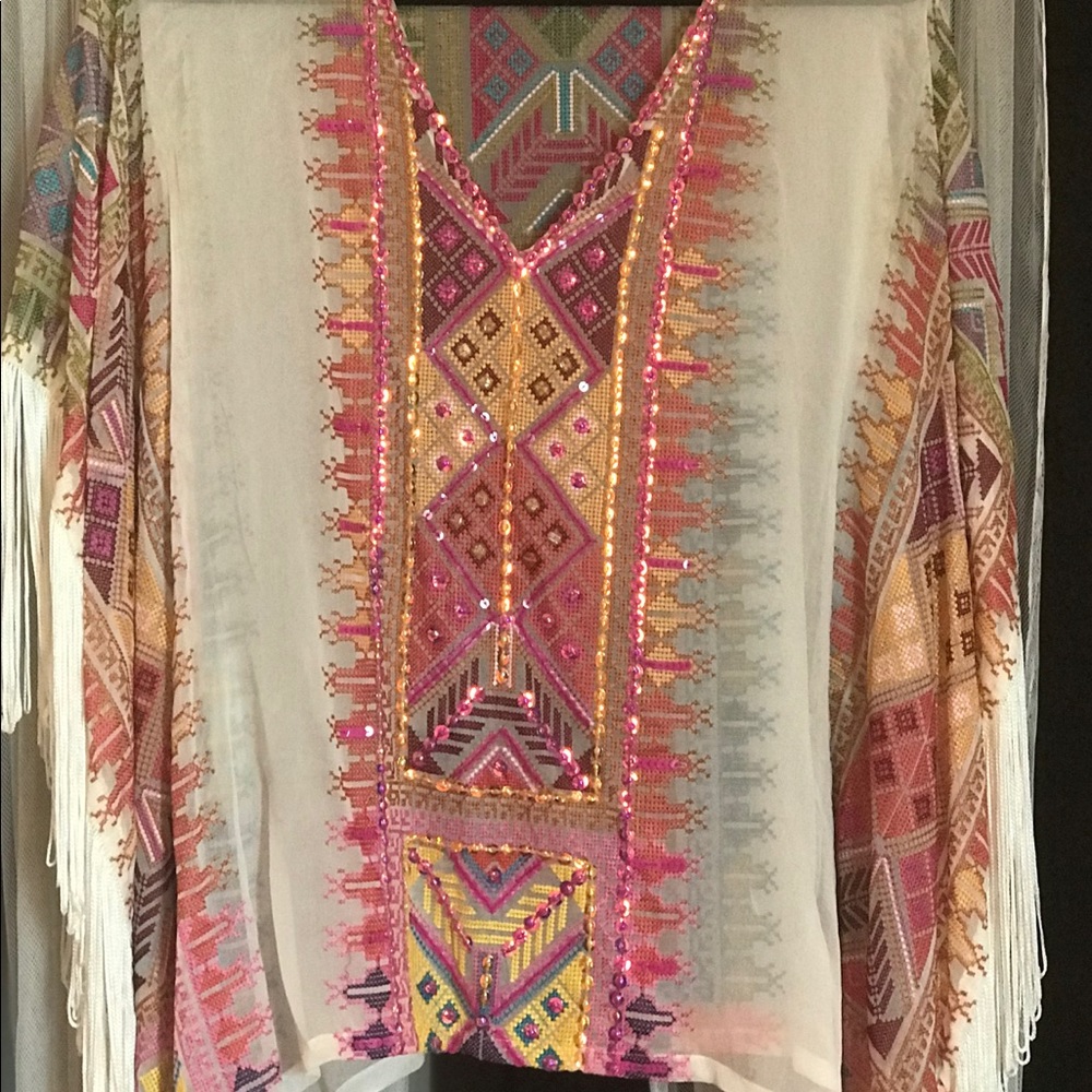 Taj by Sabrina silk embroidered sheer tassled cover up S